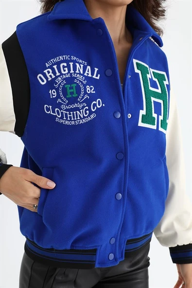 Beli Lastikli Kolları Deri Kolej Ceket Mont - SaksMavisi - 5