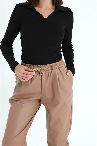 Paçası ve Beli Lastikli Pileli Deri Pantolon - Camel - Resim 5