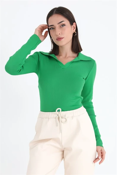 Uzun Kol Polo Yaka Triko - Yeşil - Resim 2