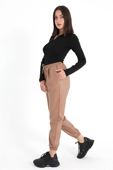 Paçası ve Beli Lastikli Pileli Deri Pantolon - Camel - Resim 3