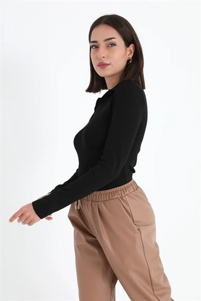 Uzun Kol Polo Yaka Triko - Siyah - Resim 6