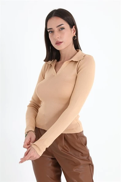 Uzun Kol Polo Yaka Triko - Vizon - Resim 3