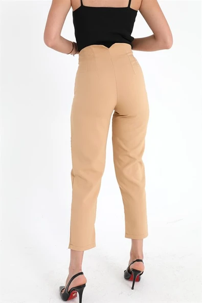 Yüksek Bel Pensli Atlas Kumaş Pantolon - Vizon - Resim 7