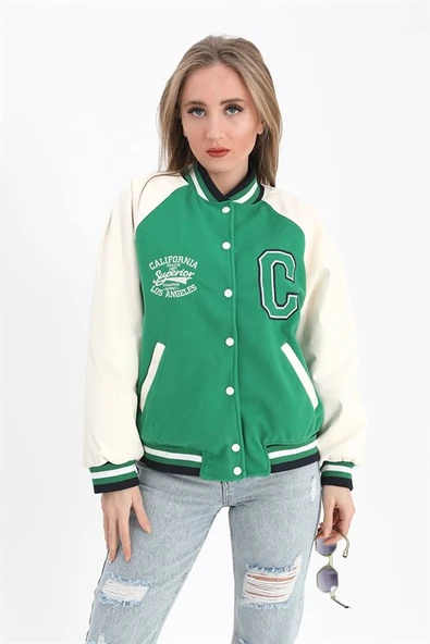 Kolları Deri Reglan Kollu Kolej Mont Ceket - Yeşil - 5