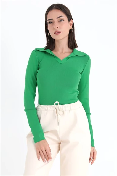 Uzun Kol Polo Yaka Triko - Yeşil - Resim 3