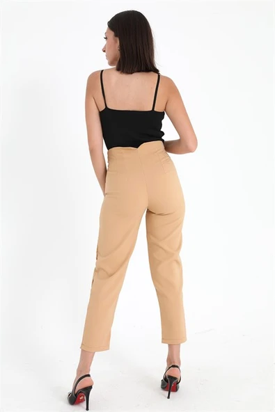 Yüksek Bel Pensli Atlas Kumaş Pantolon - Vizon - Resim 6