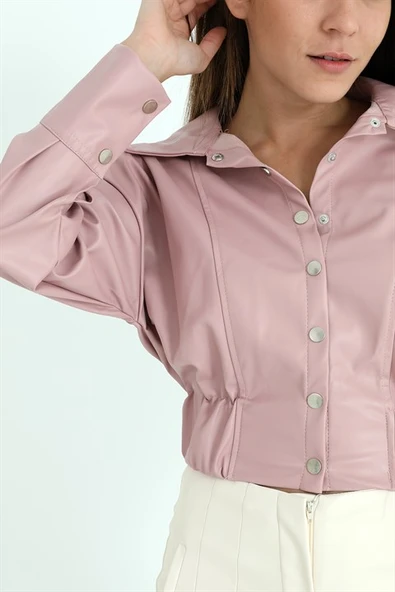 Kolları Çıtçıtlı Beli Lastikli Kadın Deri Gömlek - Pudra - Resim 7