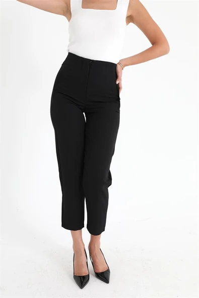 Yüksek Bel Pensli Atlas Kumaş Pantolon - Siyah - Resim 4