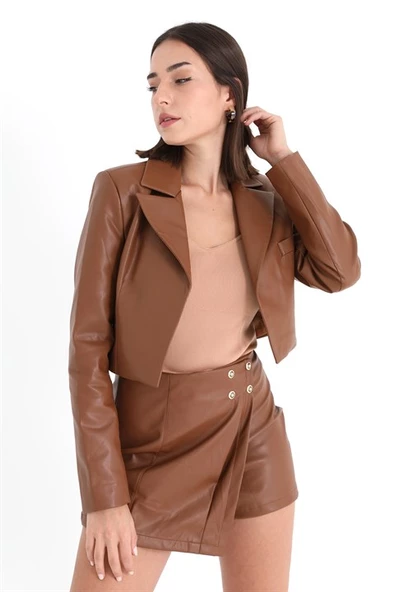 Düğme Detaylı Deri Şort Etek - Taba - Resim 4