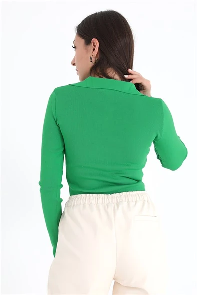 Uzun Kol Polo Yaka Triko - Yeşil - Resim 6