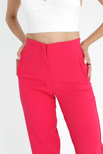 Yüksek Bel Pensli Atlas Kumaş Pantolon - Fuşya - Resim 6