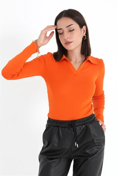 Uzun Kol Polo Yaka Triko - Turuncu - Resim 4