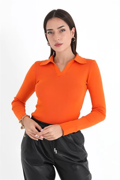 Uzun Kol Polo Yaka Triko - Turuncu - Resim 3
