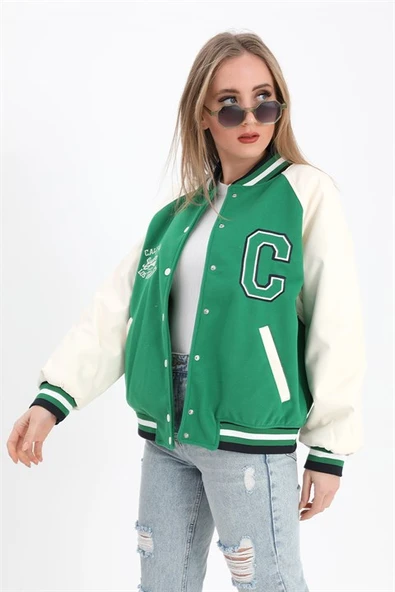 Kolları Deri Reglan Kollu Kolej Mont Ceket - Yeşil - 3