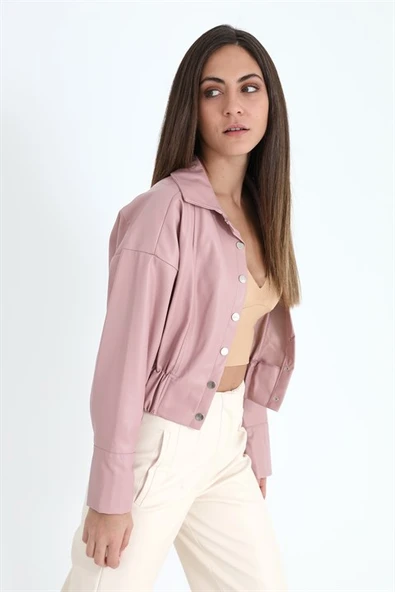 Kolları Çıtçıtlı Beli Lastikli Kadın Deri Gömlek - Pudra - Resim 4