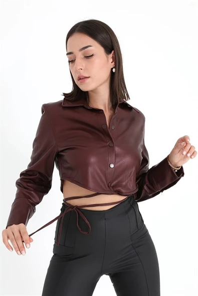 İçi Kadife Bağcıklı Kadın Kısa Deri Gömlek - Bordo - Resim 2