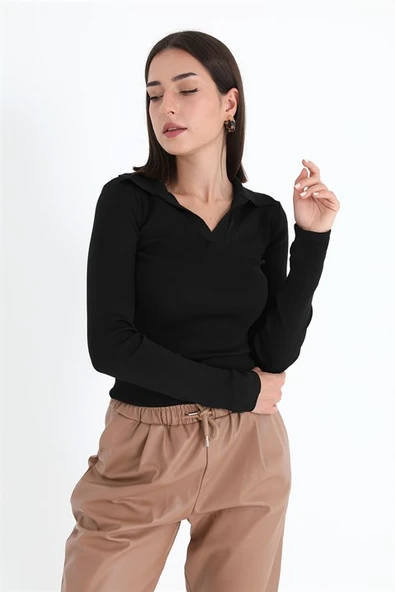 Uzun Kol Polo Yaka Triko - Siyah - Resim 3