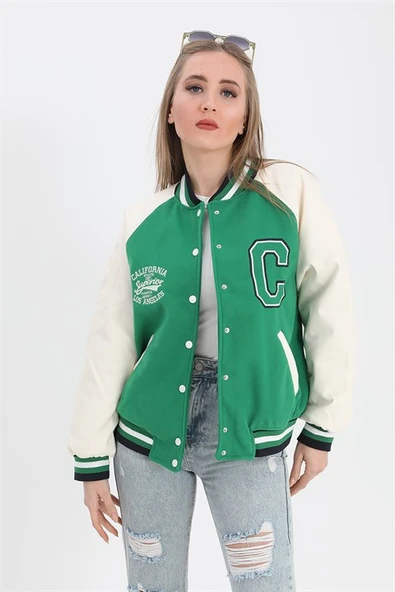 Kolları Deri Reglan Kollu Kolej Mont Ceket - Yeşil - 6