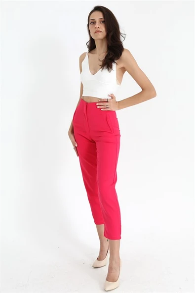 Yüksek Bel Pensli Atlas Kumaş Pantolon - Fuşya - Resim 3