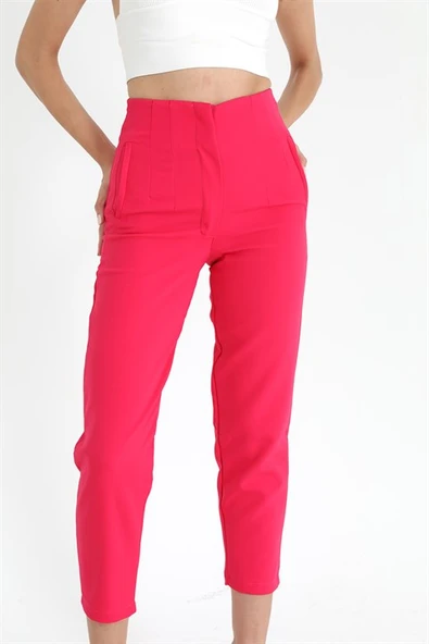Yüksek Bel Pensli Atlas Kumaş Pantolon - Fuşya - Resim 5