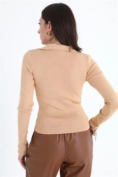 Uzun Kol Polo Yaka Triko - Vizon - Resim 7