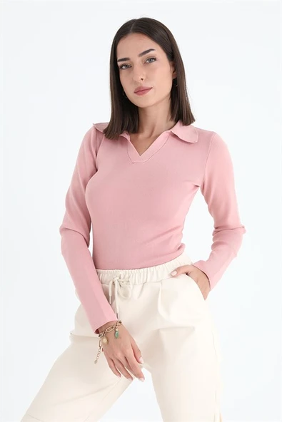 Uzun Kol Polo Yaka Triko - Pudra - Resim 3