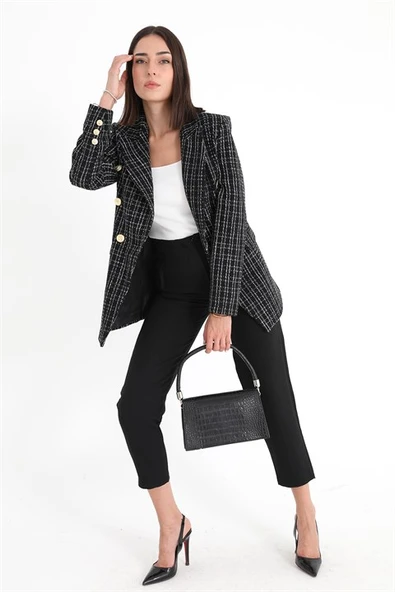 Yüksek Bel Pensli Atlas Kumaş Pantolon - Siyah - Resim 3