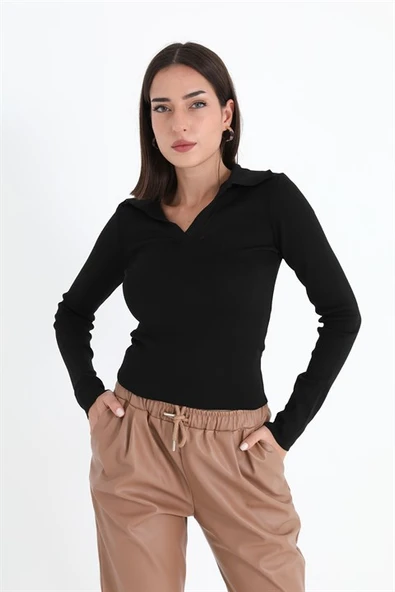Uzun Kol Polo Yaka Triko - Siyah - Resim 2