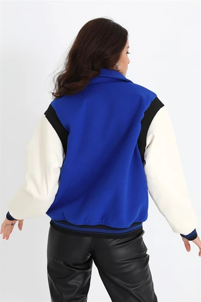 Beli Lastikli Kolları Deri Kolej Ceket Mont - SaksMavisi - 6