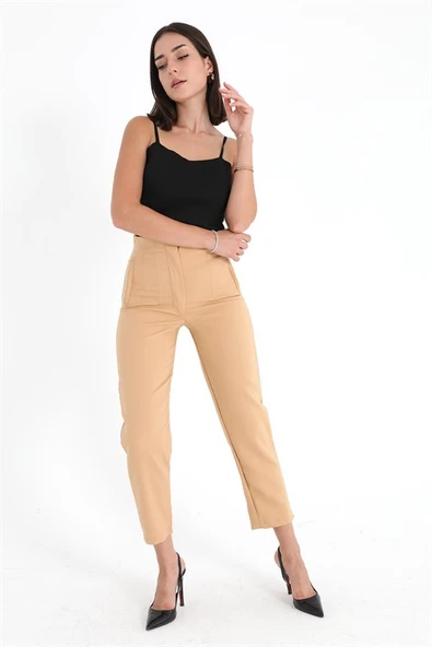 Yüksek Bel Pensli Atlas Kumaş Pantolon - Vizon ürün görseli 1