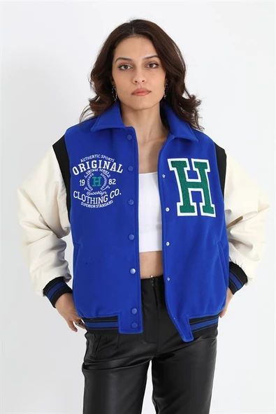 Beli Lastikli Kolları Deri Kolej Ceket Mont - SaksMavisi - 2