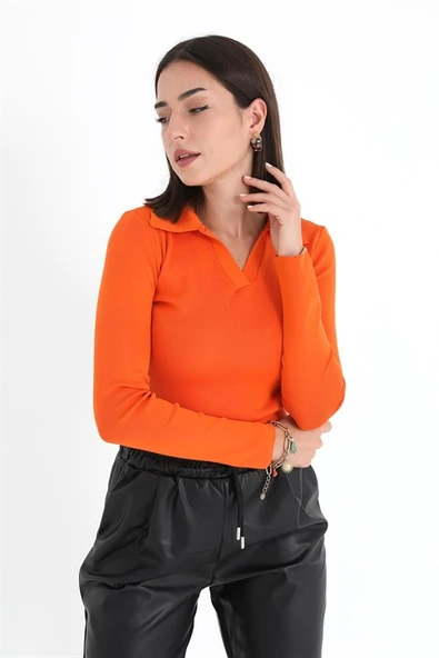 Uzun Kol Polo Yaka Triko - Turuncu - Resim 2