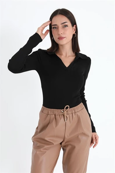 Uzun Kol Polo Yaka Triko - Siyah - Resim 4