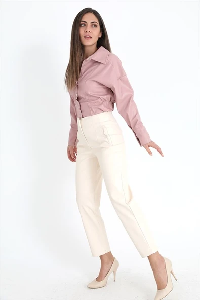 Kolları Çıtçıtlı Beli Lastikli Kadın Deri Gömlek - Pudra - Resim 2