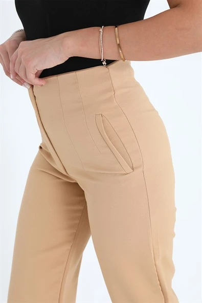 Yüksek Bel Pensli Atlas Kumaş Pantolon - Vizon - Resim 5