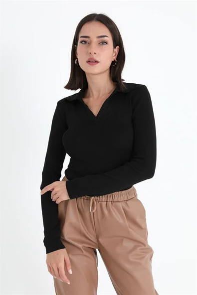 Uzun Kol Polo Yaka Triko - Siyah - Resim 5