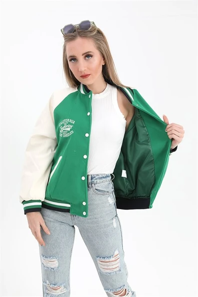 Kolları Deri Reglan Kollu Kolej Mont Ceket - Yeşil - 4