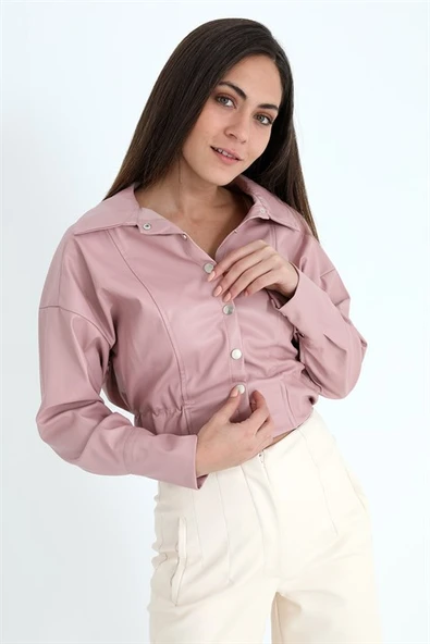 Kolları Çıtçıtlı Beli Lastikli Kadın Deri Gömlek - Pudra - Resim 3