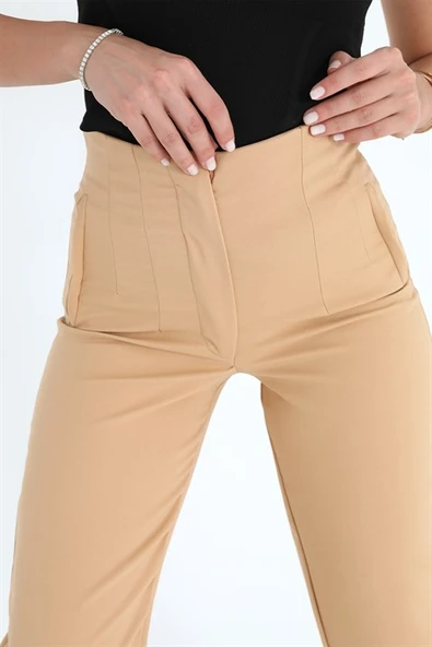 Yüksek Bel Pensli Atlas Kumaş Pantolon - Vizon - Resim 4