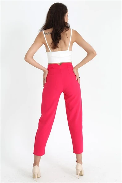 Yüksek Bel Pensli Atlas Kumaş Pantolon - Fuşya - Resim 7