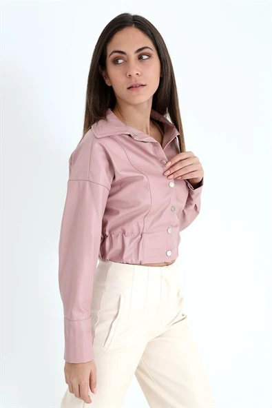 Kolları Çıtçıtlı Beli Lastikli Kadın Deri Gömlek - Pudra - Resim 5