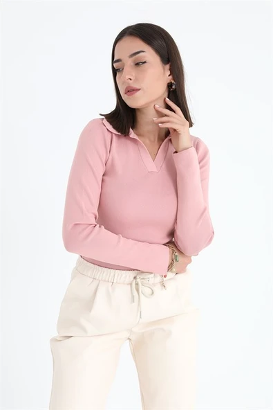 Uzun Kol Polo Yaka Triko - Pudra - Resim 2