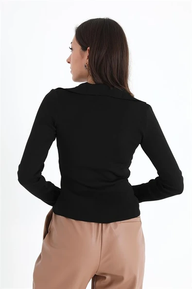 Uzun Kol Polo Yaka Triko - Siyah - Resim 8