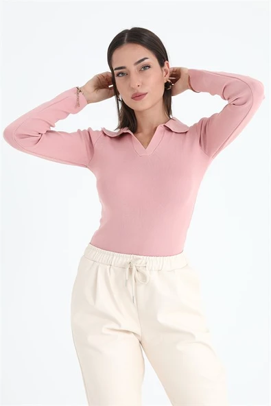 Uzun Kol Polo Yaka Triko - Pudra ürün görseli 1