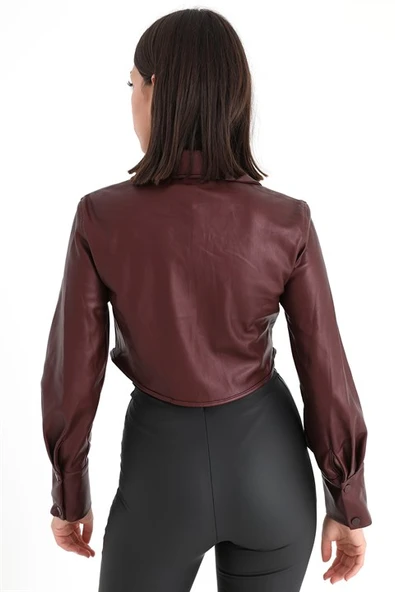 İçi Kadife Bağcıklı Kadın Kısa Deri Gömlek - Bordo - Resim 5
