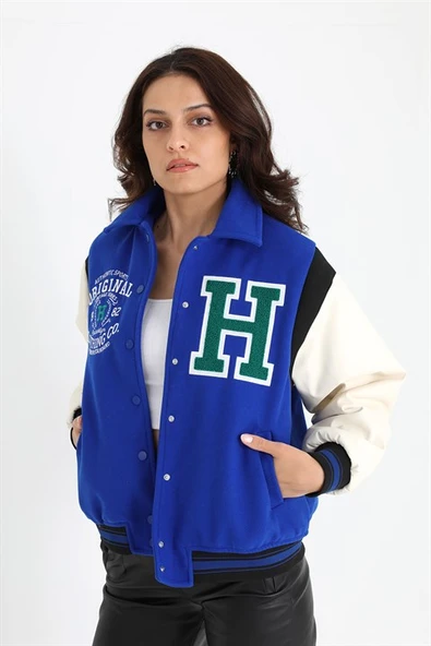 Beli Lastikli Kolları Deri Kolej Ceket Mont - SaksMavisi - 3