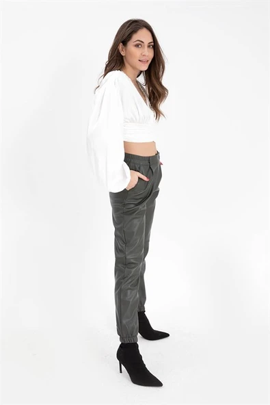 Paçası ve Beli Laslikli Kadın Deri Pantolon - Haki - Resim 3