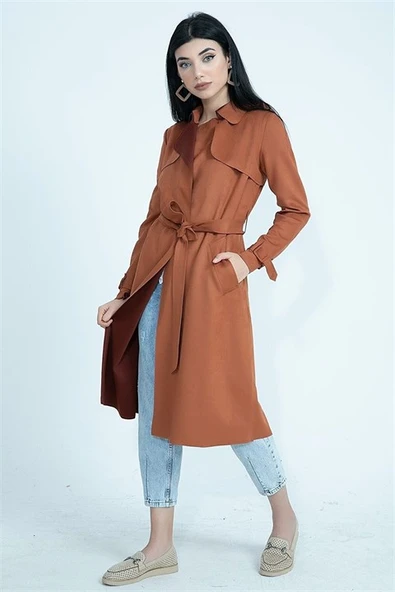 Kemerli Süet Uzun Ceket Trençkot - Tarçın ürün görseli 1