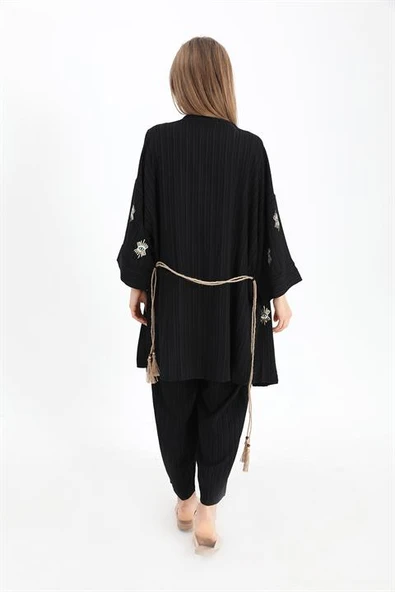 Keten Kimono Takım Göz Nakışlı - Siyah - Resim 6
