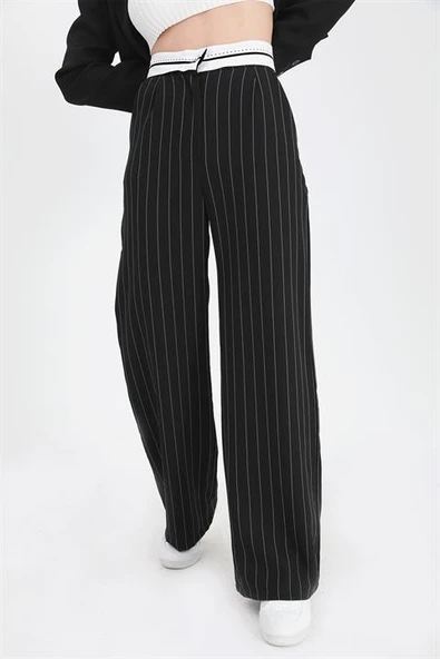 Pantolon Palazzo Garni Kemerli Geniş Çizgili - Siyah - Resim 3